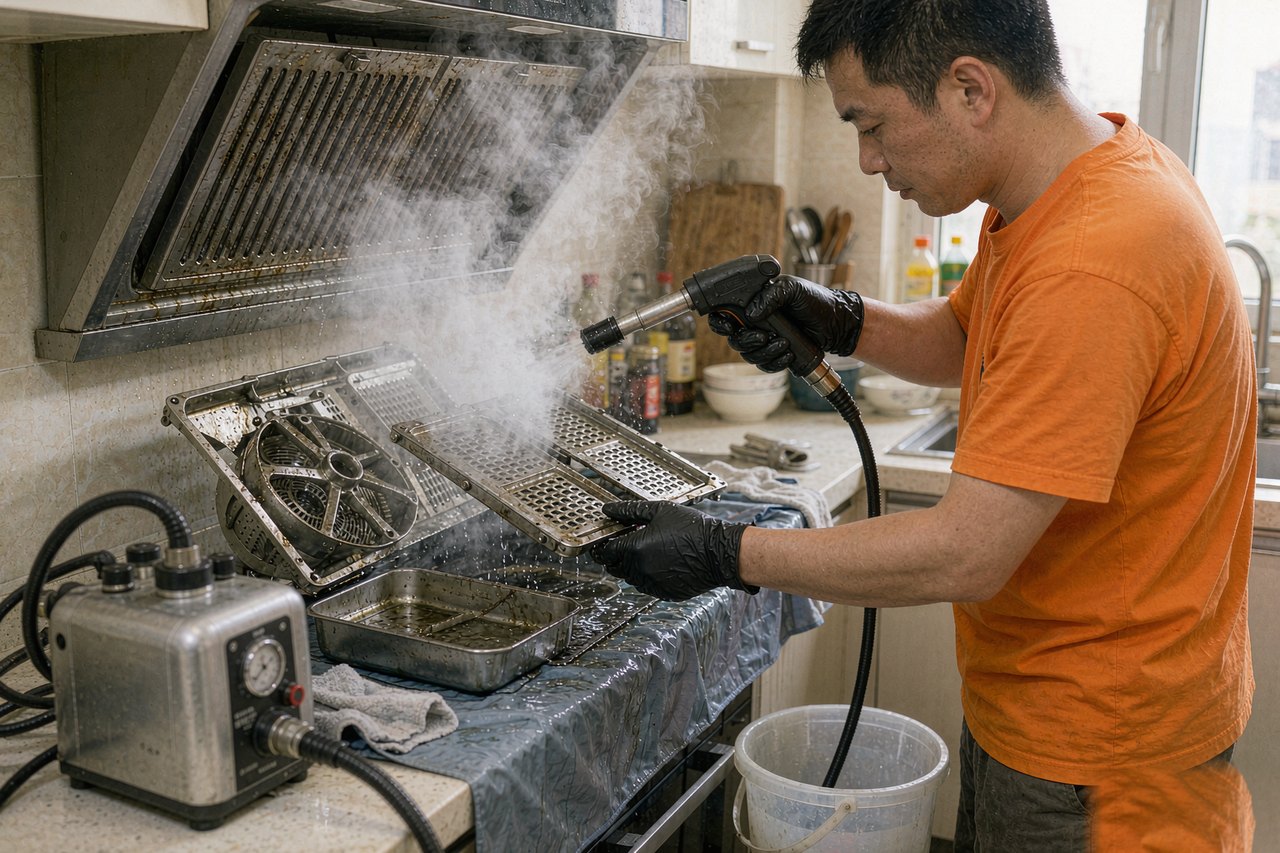 达达修师傅正在深度清洗抽油烟机